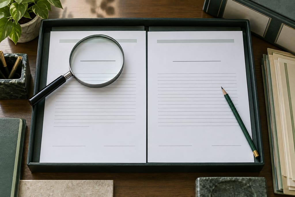 Imagem ilustrativa para Index +Opt Levora: lupa sobre duas páginas de contrato sem identificação preenchida