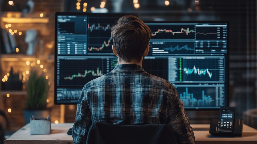 Hombre supervisando gráficos financieros Homem monitorando graficos financeiros