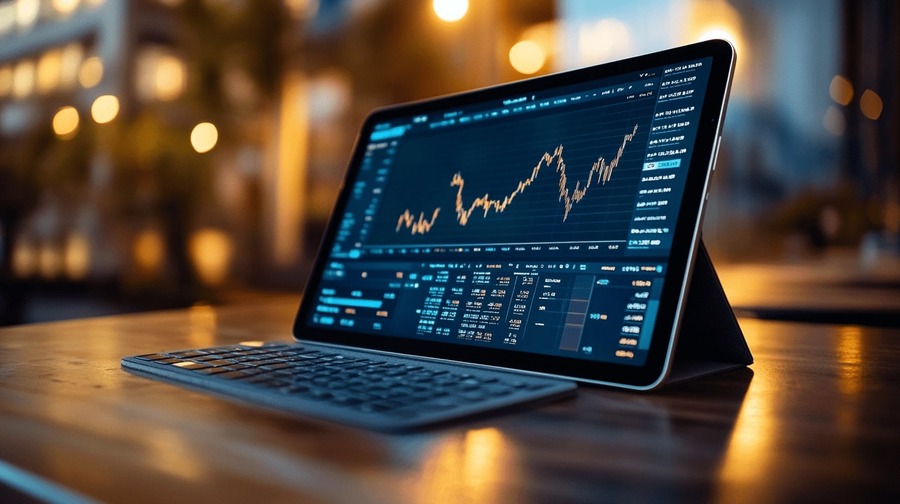 Tableta con gráfico financiero Tablet com grafico financeiro
